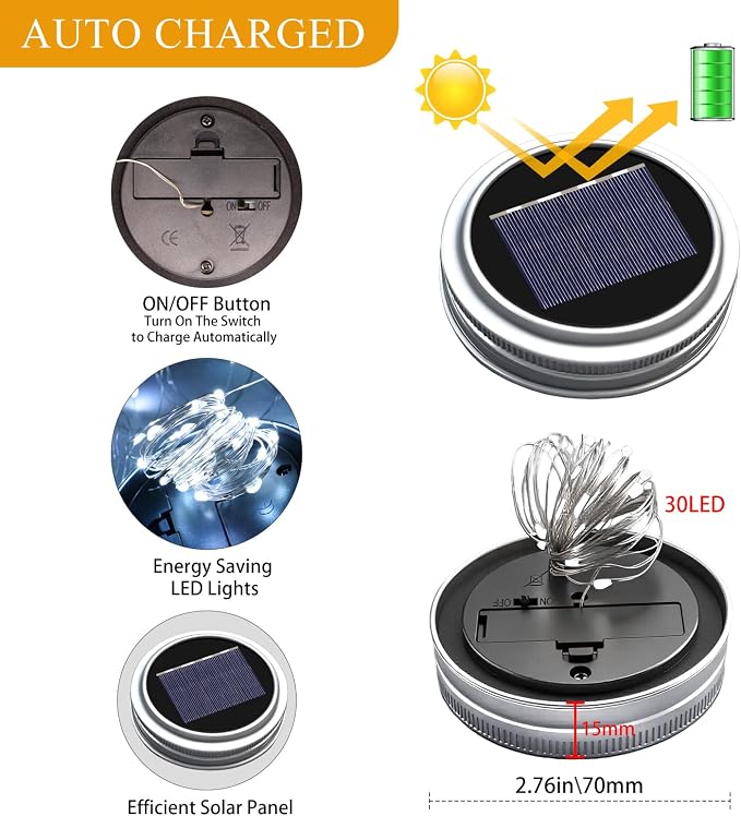 Mason Jar Solar Lights for Outside, 12 Pack 30LED Fairy Lights Mason Jar Solar Lids Outdoor Waterproof String Lights with Hangers(NO Jars) for Patio Garden Yard Lawn Decoration - Cool White