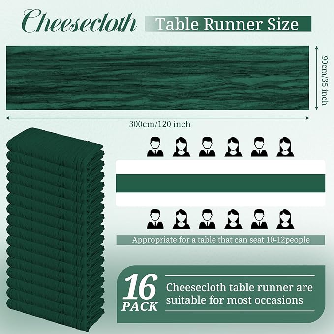 Pesonlook 16 Pack Cheesecloth Table Runner, 10Ft Boho Gauze Table Runner 35×120 Inch Rustic Romantic Long Table Runner for Wedding Party Bridal Shower Thanksgiving Christmas Decoration(Emerald Green)