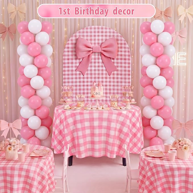 Lunmon 160 Pcs Pink Gingham Decorations Coquette Birthday Decor Include 7.2 ft Arch Backdrop Covers Large Bows Coquette Gingham Tablecloth 120 Pink and White Balloons and Balloon Stand Clips