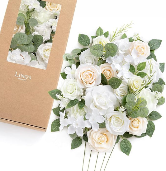 Ling's moment Fake Flowers Box, Faux Artificial Greenery Stems Foam Roses Gardenia Silk Eucalyptus Rose Leaf Fabic Flower for Centerpieces Bouquet Wedding Vase Decorations, White & Sage, Deluxe Combo