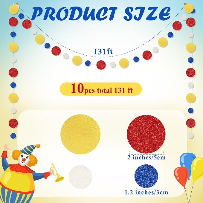Outus 10 Pieces Colorful Circle Garland Banner Hanging Paper Dot Decorations for Classroom, Birthday Party, Baby Shower, Wedding Backdrop & Photo Booth Graduation Decor (Red,Blue,Yellow)