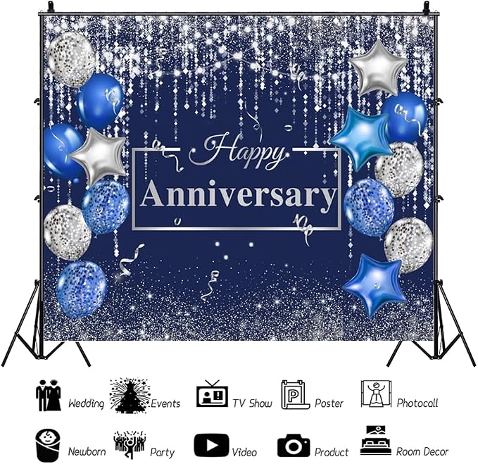 Happy Anniversary Backdrop 10x8ft Navy Silver Glitter Diamond Background for Wedding Anniversary Bridal Shower Party Decorations Photo Backdrops Miss to Mrs Photography Background