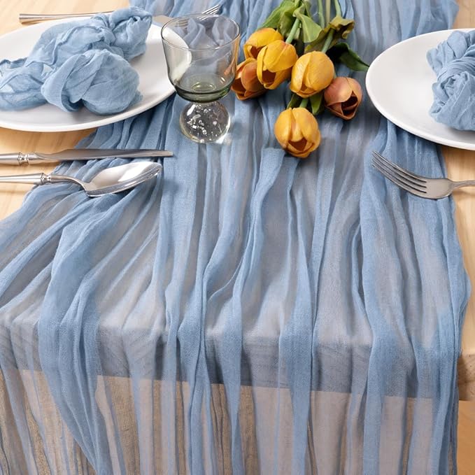 MLMC 8 Pack Dusty Blue Table Runner 10ft Boho Gauze Cheesecloth Table Runner 35x120 Inches Rustic Cheese Cloth Centerpiece for Wedding Bridal Shower Baby Shower Party Decor