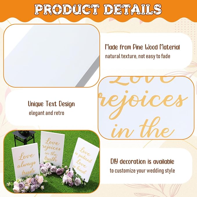GlikCeil 8 Pcs Wedding Aisle Signs 11.8 x 7.9 Inch 1 Corinthians 13 Wooden Wedding Signs Love Is Patient Kind Rustic Wood Signage Bible Verses Wall Decor Gift (White，Gold)