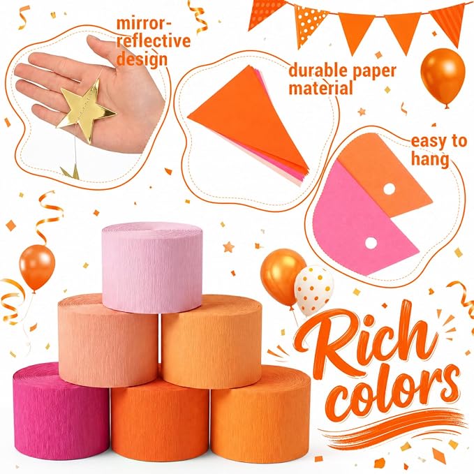 Frienda 14 Pcs Colorful Party Decorations Set 492ft Colorful Crepe Paper Streamers, 52.8ft Gold Star Garlands Backdrop and 4 Pennant Banner Flags for Wedding Birthday Fancy Party Hanging Decorations