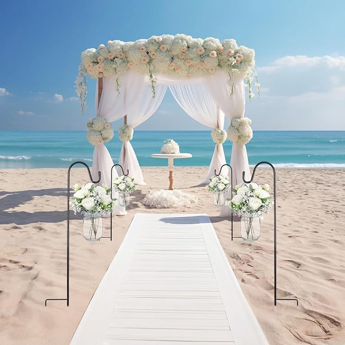 6 Sets Wedding Aisle Decorations with 16 oz Hanging Mason Jar Peonies Baby's Breath Flowers Vase 32" Shepherds Hooks Rustic Mason Jar with Faux Flower for Wedding Ceremony Outdoor Isle Decoration