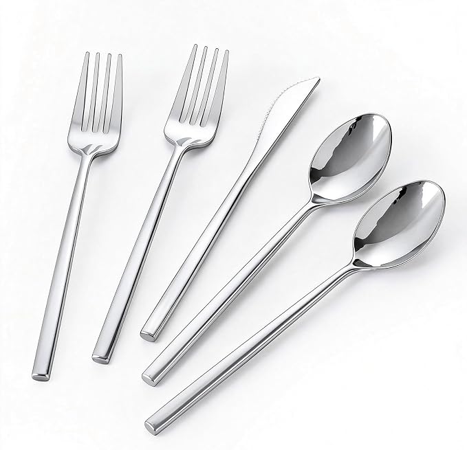Tinybee 150PCS Silver Plastic Silverware - Heavy Duty Plastic Silverware, Luxury Silver Disposable Utensils - Elegant Disposable Utensil Include 50 Knives, 50 Forks, 50 Spoons for Party&Wedding