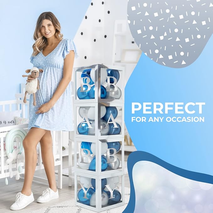 44-Piece Baby Shower Decorations for Boy or Girl - 4 Boxes with Letters and 32 Balloons - Stylish Silver and Blue - Gender Reveal Party Supplies - Photo Shoot Backdrop Prop