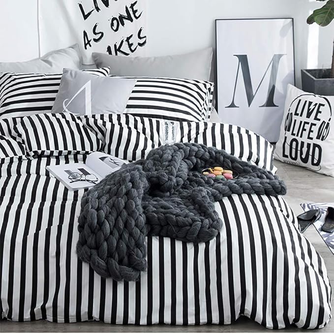 KAREVER White and Black Stripes Comforter Set Cal King Women Bedding Set Soft Durable Girls White Striated Bedding Set Hotel Quality Blanket