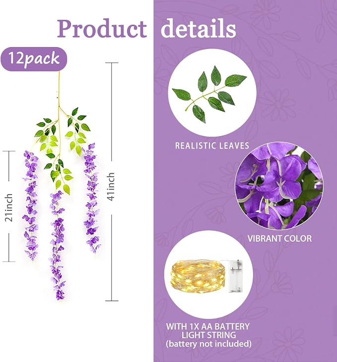 12 Pack Purple Wisteria Hanging Flowers Garland with Lights, 3.44 Feet Artificial Flower Vines, Fake Wisteria, Artificial Vines Hanging Garland for Backdrop Outdoor Patio Garden Decor