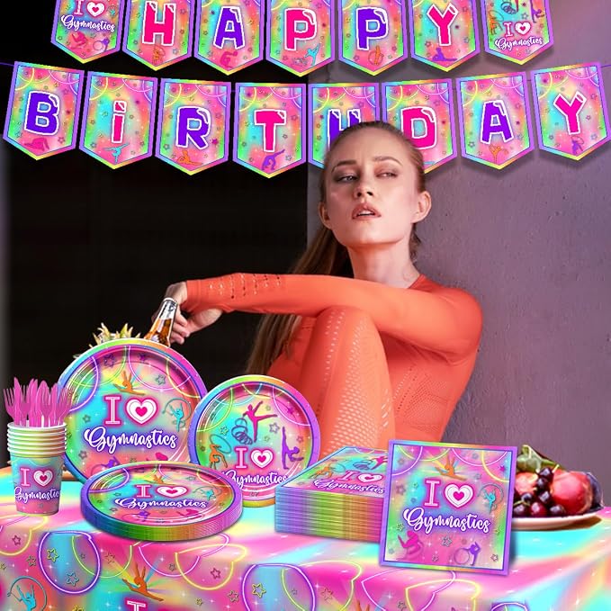 Gymnastics Party Decorations,142pcs Gymnastics Tableware Set I Love Gymnastics Plates Cups Neon Glow Gymnast Table Covers Happy Birthday Banner for Gym Theme Birthday Party Baby Shower