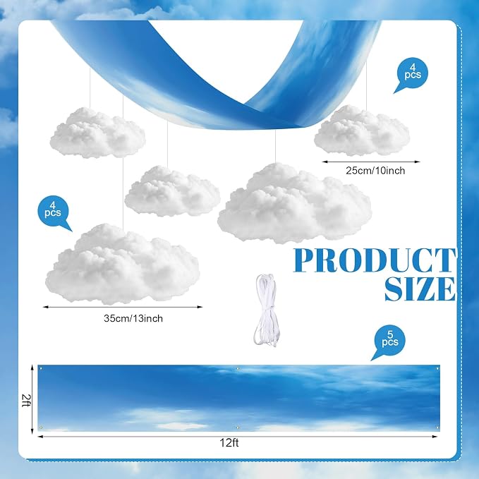 VioraWhite 13 Pcs Blue Sky White Cloud Ceiling Decor Include 12 x 2 ft Fluorescent Light Covers 8 Packs Imitation Artificial 3D Cloud Props Classroom DIY Hanging Ornament Picnic Party Decorations
