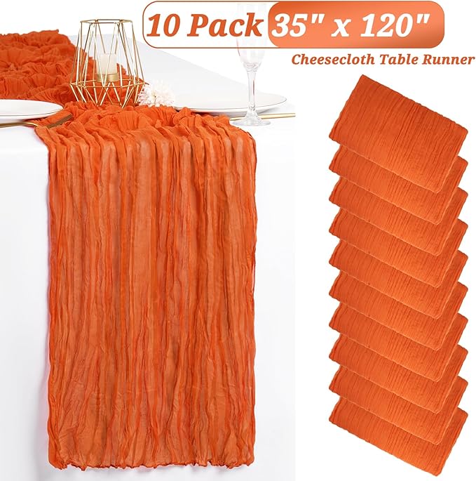 10 Pack Fall Halloween Table Runner 10FT Orange Cheesecloth Table Runner 35 x 120 Inch Long Semi-Sheer Gauze Fabric Boho or Rustic Wedding Table Decor for Bridal Shower Baby Shower Holiday Party