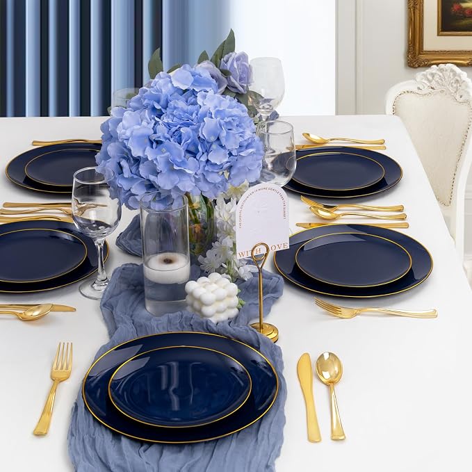 YOUBET 125PCS Blue Plastic Plates - Navy Blue Disposable Plates With Gold Rim Include 25 Dinner Plate, 25 Dessert Plate, 75 Gold Silverware Cutlery for Party & Wedding