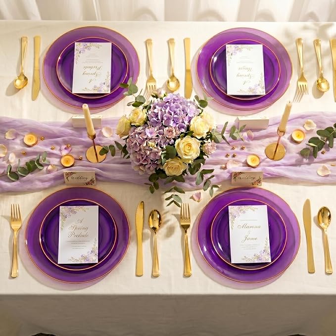 YOUBET 125PCS Purple Plastic Plates - Purple Disposable Plates With Gold Rim - Include 50 Dinner & Dessert Plate, 75 Gold Cutlery Perfect for Wedding Parties & Party