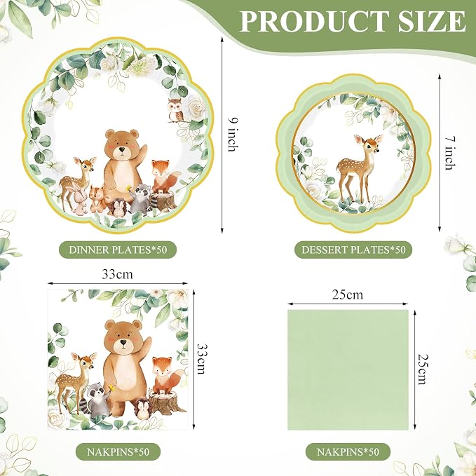 Funnymoom 200 Pcs Woodland Baby Shower Party Supplies Kit Safari Animals Disposable Paper Dinner Dessert Plates Napkins for Birthday Baby Bridal Shower Wedding Party 50 Guests