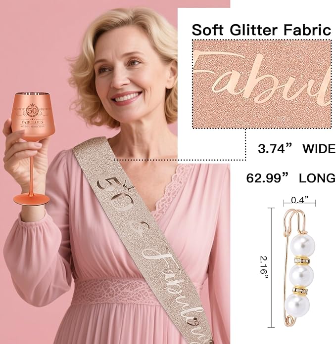 50TH Birthday Gifts for Women,Vintage Engraved 50th Wine Glass,50 Year Old Birthday Decorations For Her,50&Fabulous Sash and Tiara For Women,Friends,Sister-Turning 50th Party Favor Supplies