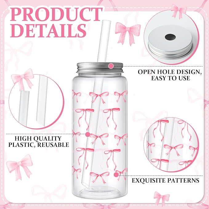 Skylety 30 Pcs Coquette Bow Aesthetic Cup Plastic Tumbler with Lids and Straws 13.5 oz Reusable Cute Plastic Cups for Women Sea Summer Birthday Bridal Wedding Party Supplies