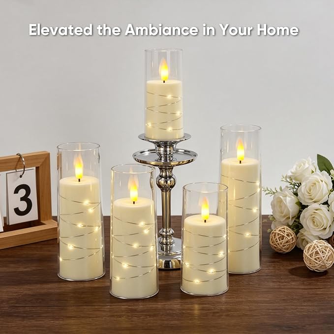Raycare Flameless Candle with Remote Timer, 18 Flickering Acrylic Battery Operated LED Pillar Candles with Embedded Star String for Home Decor(Ivory)
