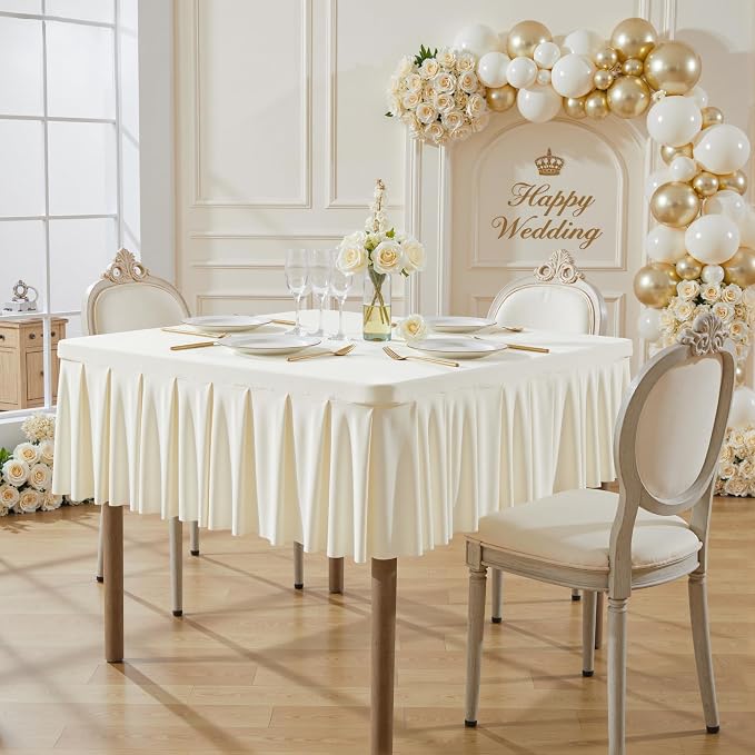 Wish Care Ivory Spandex Tablecloths for 54x54 Inch Square Tables, Stretch Fitted Table Clothes with Pleated Ruffle Skirt for 54” Table, Wrinkle Free and Elastic, for Party Kitchen Home Dining
