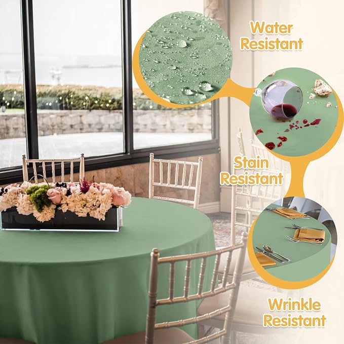 BRILLMAX 8 Pack Sage Green Round Tablecloths 90 Inch for 60” Tables - 150 GSM Polyester Fabric, 15" Standard Drop, Water, Stain & Wrinkle Resistant Cloth Cover for Wedding Reception Banquet Dining