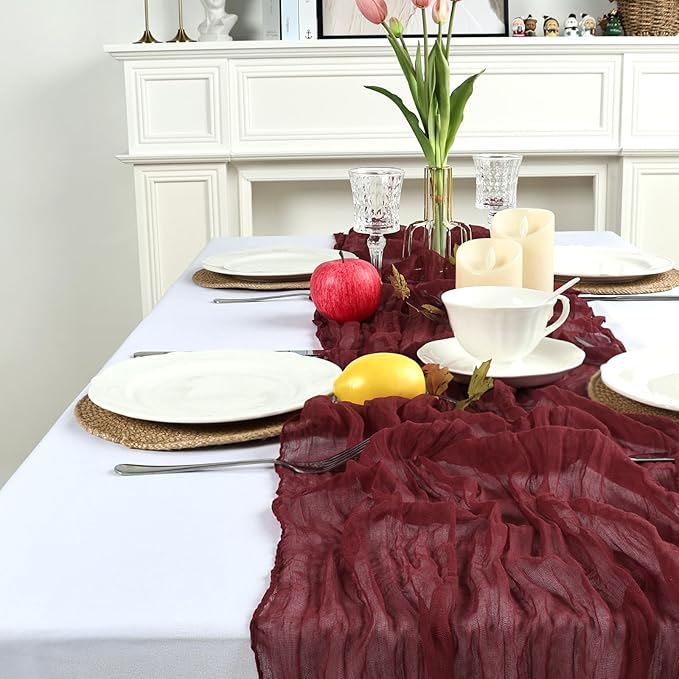 8 Pack Burgundy Cheesecloth Table Runner 10ft Boho Gauze Fabric 120 Inch Cheese Cloth Table Runner Rustic Sheer for Holiday Baby Shower Party Décor Home Wedding Decoration