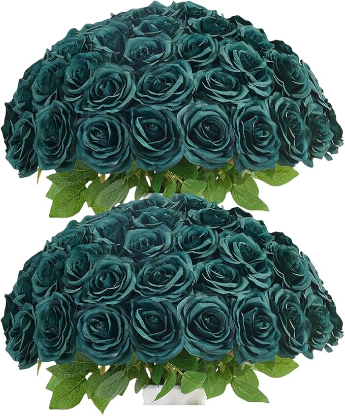 50pcs Emerald Green Roses Artificial Flowers Bulk,Fake Roses Silk Flower with Stems Realistic Flowers for Wedding Centerpiece Home Party Decor