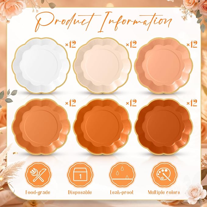 72 Pcs Beige-orange Peach Paper Plates 9 Inch Orange Gradient Scalloped Paper Disposable Dinner Dessert Plates for Birthday Wedding Bridal Baby Shower Party Supplies, 6 Colors