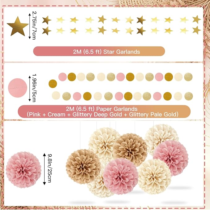 Boho Paper Party Decorations, Blush Pink and Champagne Gold Elegant Party Decor Kit with Paper Lanterns, Pom Poms, Fans and Gold Star Garland for Bridal Shower Birthday Baby Shower Wedding Party