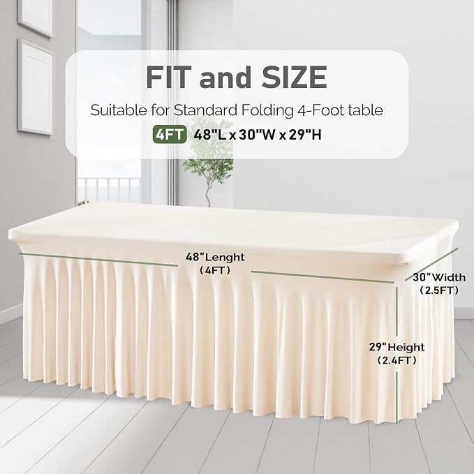 2 Packs Ivory Table Clothes for 4 Foot Rectangle Tables, One-Piece Wrinkle Resistant Stretch Spandex Table Covers with Skirt for Event Banquet Wedding Birthday Party