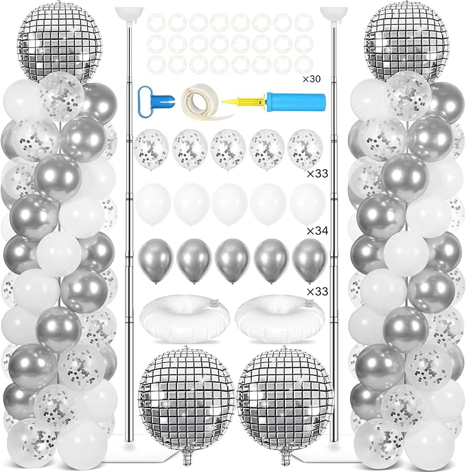 2 Sets Disco Ball Party Balloon Column Stand Kit with 102 Silver Disco Foil Balloons 5.57Ft Adjustable Balloon Tower Stand with Base Adjustable Arch Column for 70s 80s 90s Dance Birthday Supply