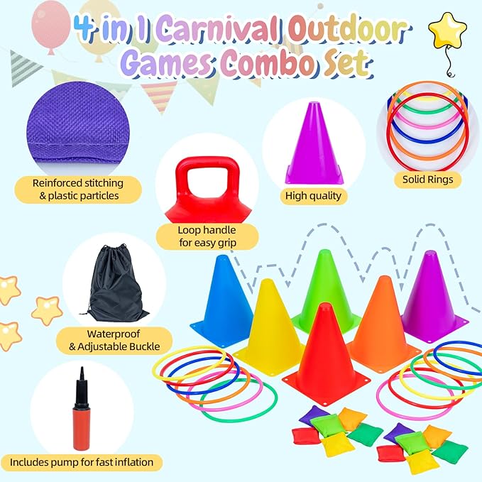 JOY SPOT! Carnival Outdoor Games Combo Set for Kids, 18 Inch Hopper Balls with Handles, Ring Toss, Bean Bags, Egg Spoon Relay Race, Fun for Backyard, Field Day, School, Birthday Parties, Family Events