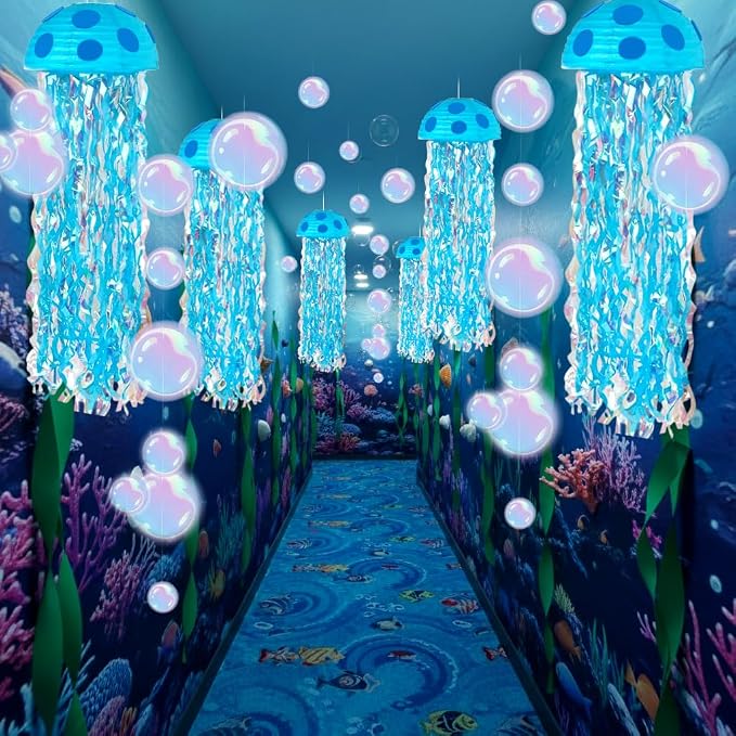 18 Pcs Under The Sea Party Decorations-6pcs 10'' Hanging Jellyfish Paper Lanterns， Bubble Garlands Crepe Paper for Shower - Mermaid Birthday Decorations，Ocean Theme Classroom & Beach Room Decor Blue