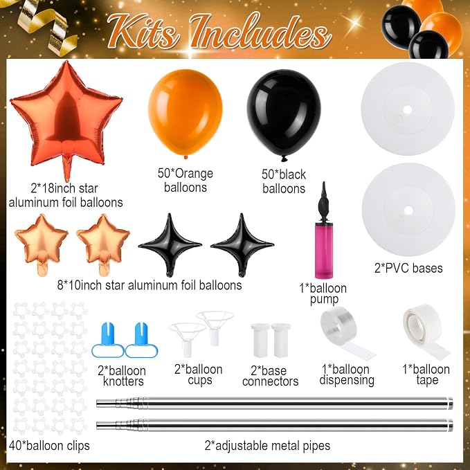 Gejoy 110 Pcs Orange Black Balloons Column Stand Kit Adjustable Tower Stand from 1.4 to 6.6 ft with Bases for Back to School Wedding Birthday Baby Shower Party