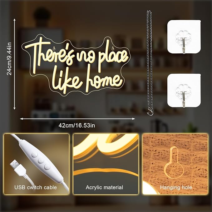 Lucunstar There‘s No Place Like Home Neon Sign For Room Warm White Led Sign USB Powered Neon Light for Wall Decor Light Up Signs for Wedding Party Bedroom Home Decor