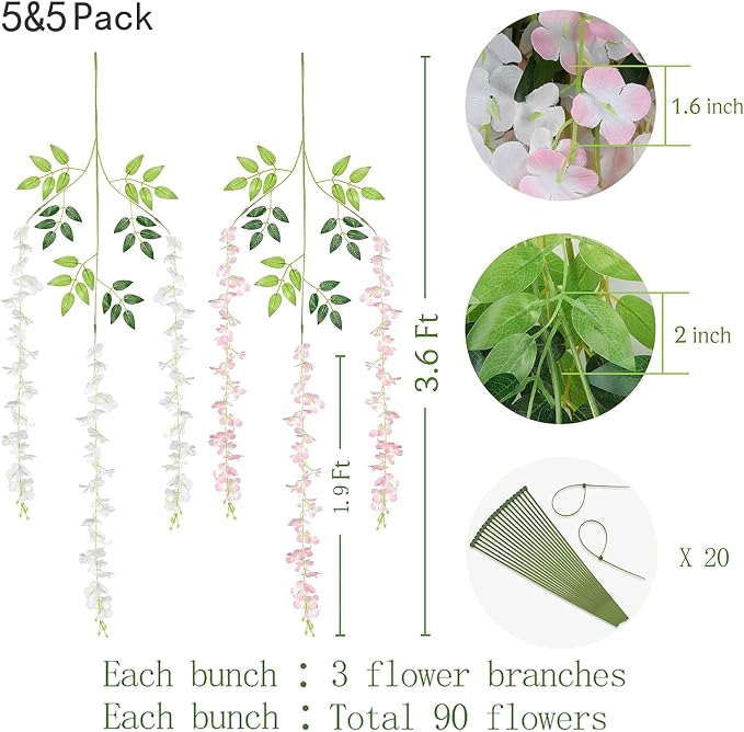 BLEUM CADE 10Pcs White & Pink Fake Wisteria Hanging Flowers, 3.6Ft/Pcs Artificial Wisteria Garland, Hanging Flowers for Wedding Party Home Backdrop Wall Decoration