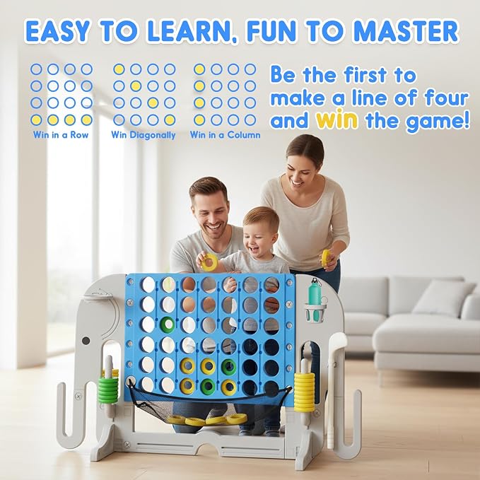 Giant 4 in a Row Connect Game, Adjustable Height (2.6FT-4.3FT) Jumbo 4-to-Score Yard Game Set with Basketball, Golf & Ring Toss, Elephant Design Outdoor Indoor Family Yard Party Game for Kids & Adults