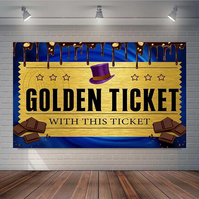 5x3FT Golden Ticket Backdrop Chocolate Factory Backdrops Candy Backdrops Blue Backdrop for Kids Girls 1st Birthday Party Baby Shower Photo Background TAYBDJ802