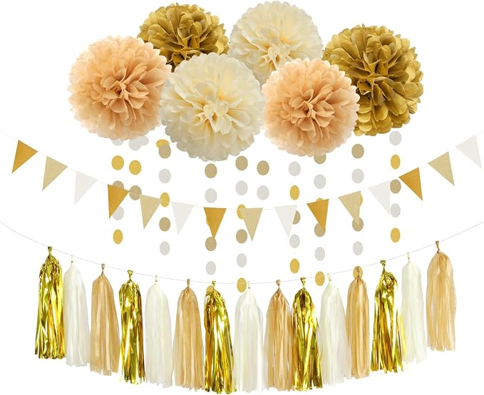 White Gold Champagne Party Decorations - 23pcs Tissue Pom Poms Streamers,Christmas Wedding Engagement Tassel Garland Banner,Bachelorette Neutral Birthday Baby Bridal Shower Decor Lasting Surprise