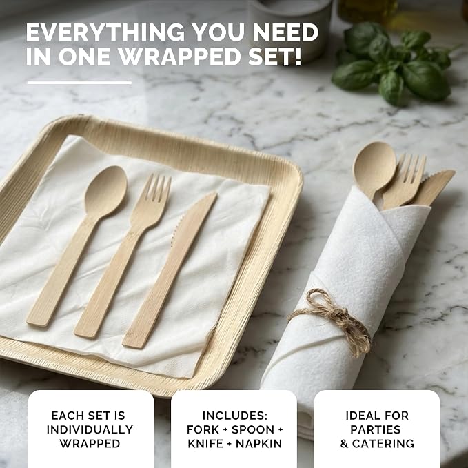 Prerolled Disposable Bamboo Cutlery Set – 150 Pack Pre Wrapped Silverware and Napkin Bundle with Forks, Knives, Spoons for Parties, Weddings, Events, and BBQ (Natural - Beige String)