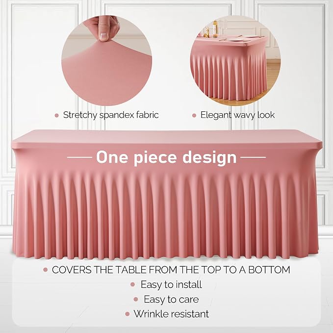 6 Packs Dusty Rose Table Clothes for 6 Foot Rectangle Tables, One-Piece Wrinkle Resistant Stretch Spandex Table Covers with Skirt for Event Banquet Wedding Birthday Party