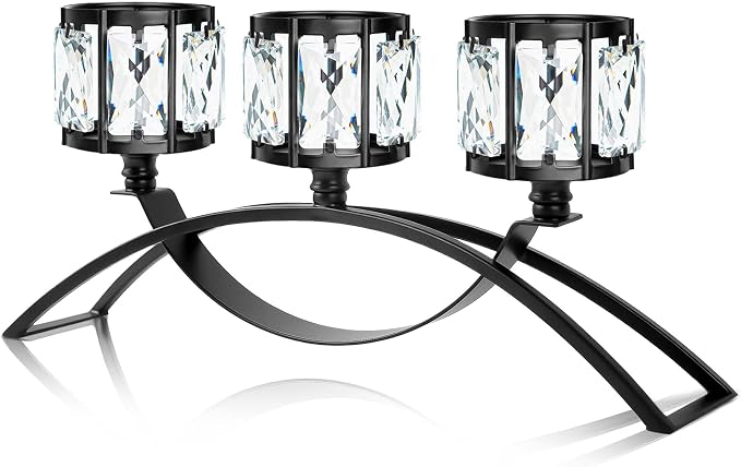 Black 3-Arm Crystal Candle Holders Arched - Elegant Tabletop Candelabra Centerpiece for Weddings, Dining Room Decor, Modern Home & Cabinet Display for & Housewarming