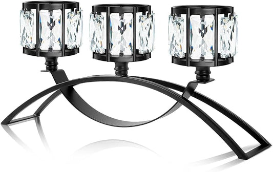 Black 3-Arm Crystal Candle Holders Arched - Elegant Tabletop Candelabra Centerpiece for Weddings, Dining Room Decor, Modern Home & Cabinet Display for & Housewarming