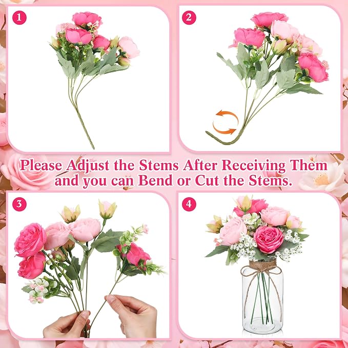 Zeyune 6 Sets Mason Jar Table Centerpiece with Artificial Peony Baby's Breath Flower Centerpieces Faux Flowers with Rope for Wedding Reception Engagement Bridal Shower Rustic Table Decor(Pink)