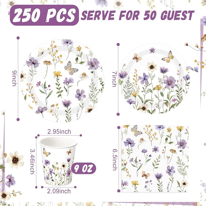 Ziliny 250 Pcs Wildflower Party Decorations Include Spring Summer Floral Paper Plates Napkins and Cups for Wildflower Baby Shower Tea Decorations, Serve 50 Guest (Purple, Spring Style)