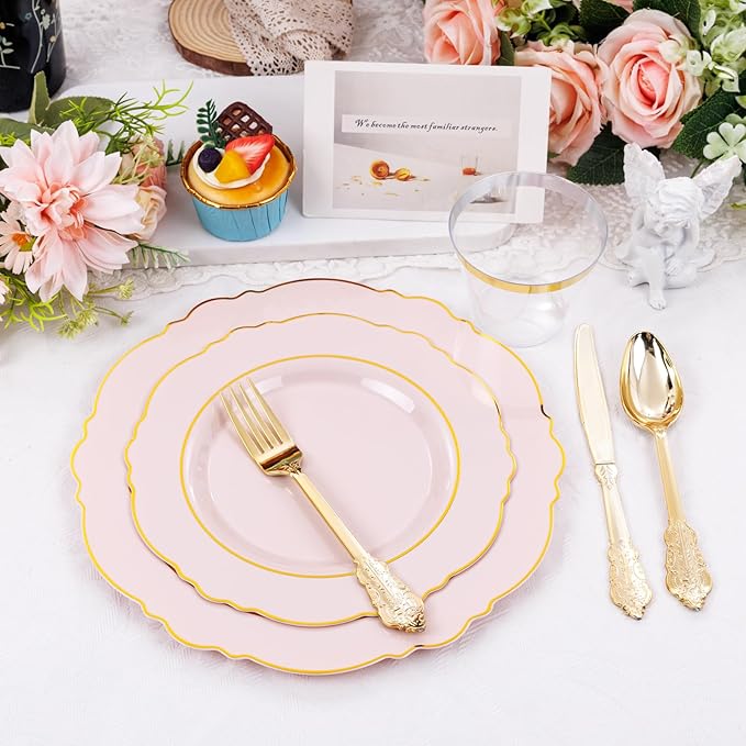Liacere 175PCS Pink Plates Disposable - Pink and Gold Plates 25guest Baroque Plastic Dinnerware include 150Plates, 25Pack Pre Rolled Napkins with Silverware 25Cups Perfect for Wedding &Mothers Day