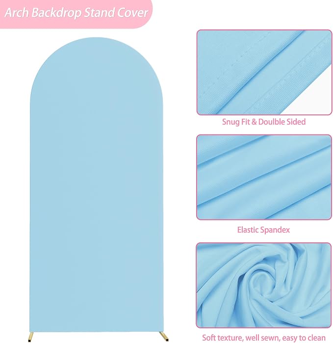 Putros Arch Backdrop Stand and Cover Set, 6ft, Gold Arch Stand with Dusty Blue Cover, Metal Arched Background Frame for Wedding, Birthday Party, Baby Shower, Photography Decoration