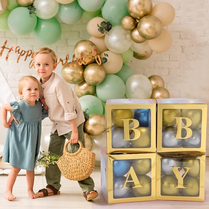 Baby Boxes with Letters for Baby Shower Decorations - 4 Transparent Balloon Boxes for Gender Reveal (Gold)