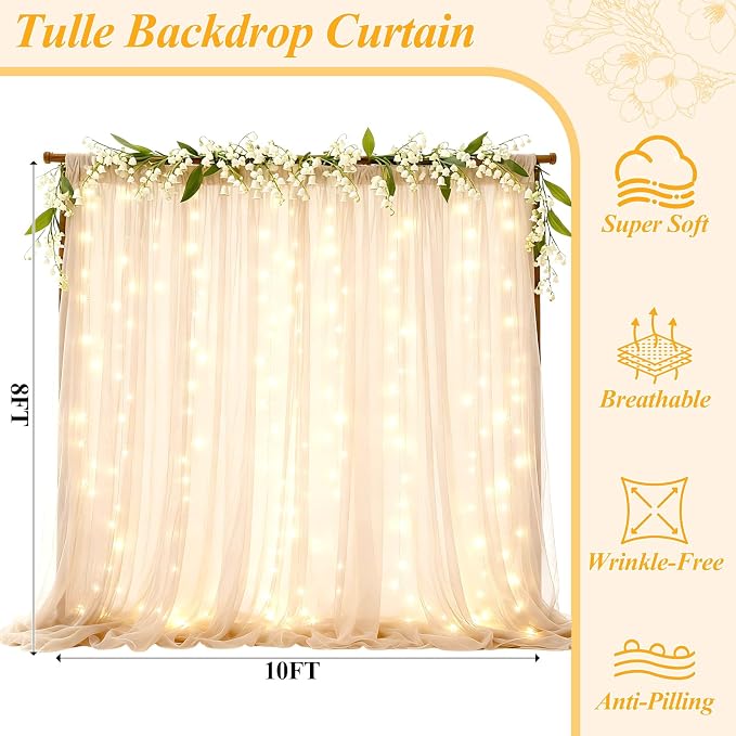 Ledido 3 Pack 10×8ft Beige Tulle Backdrop Curtains with Lights String - 900LED Fairy Lights Sheer Curtain Backdrop for Wedding Baby Shower Photo Shoot Birthday Party Decoration(6 Panels 5×8ft)，Beige