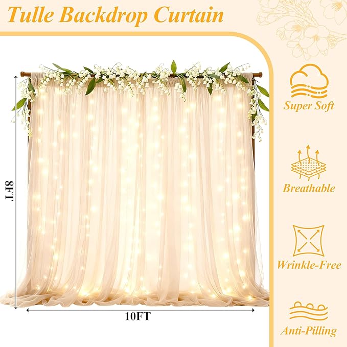 Ledido 4 Pack 10×8ft Beige Tulle Backdrop Curtains with Lights String - 1200LED Fairy Lights Sheer Curtain Backdrop for Wedding Baby Shower Photo Shoot Birthday Party Decoration(8 Panels 5×8ft)，Beige